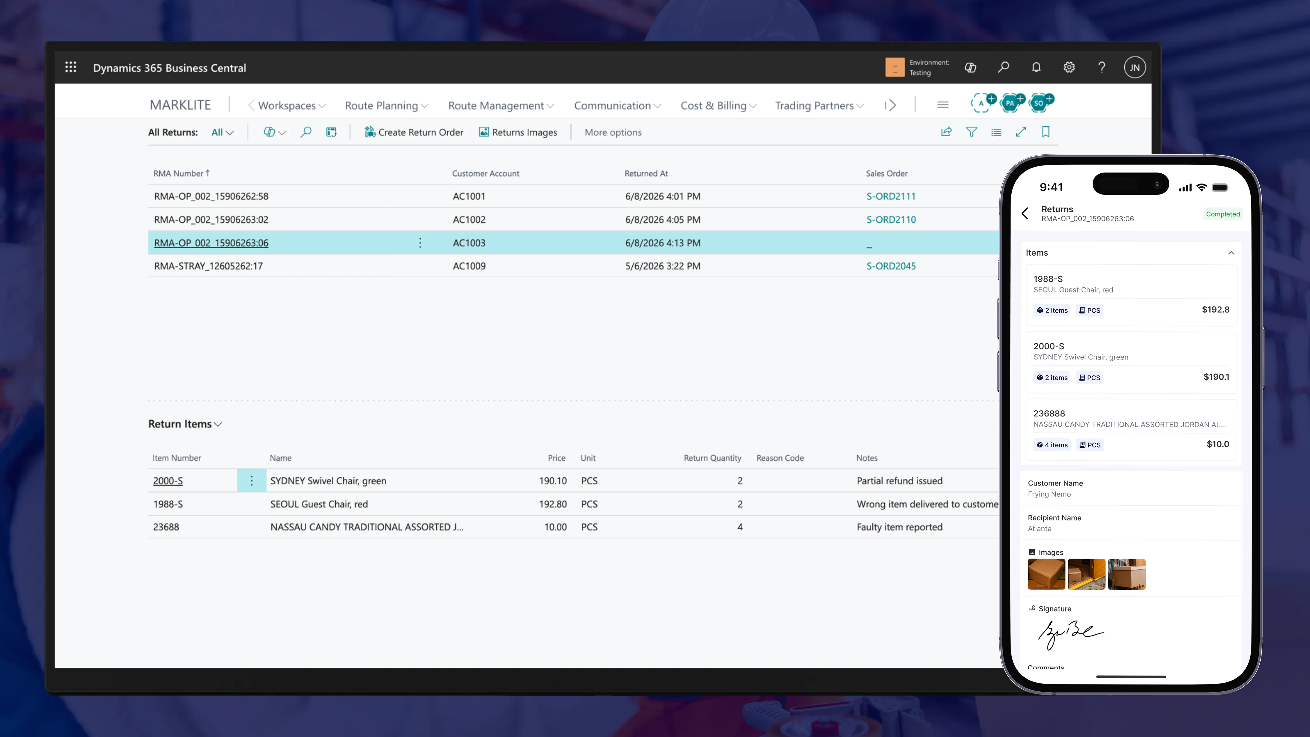 RouteCTRL return management screen in Dynamics 365 Business Central shown alongside the Operator App with returned items, package images, and signature capture.