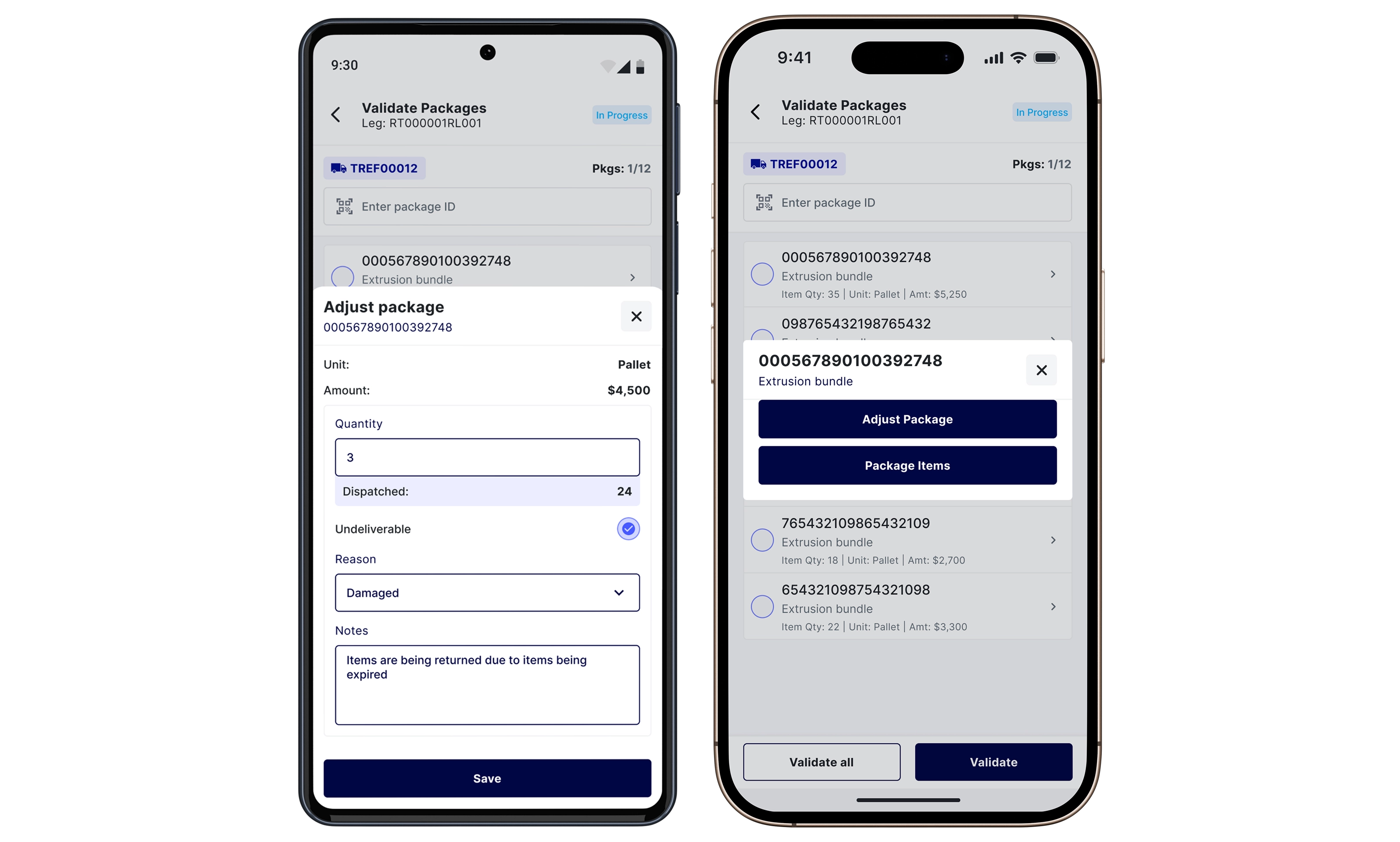 Mobile screens showing RouteCTRL’s advanced package adjustment and item details.