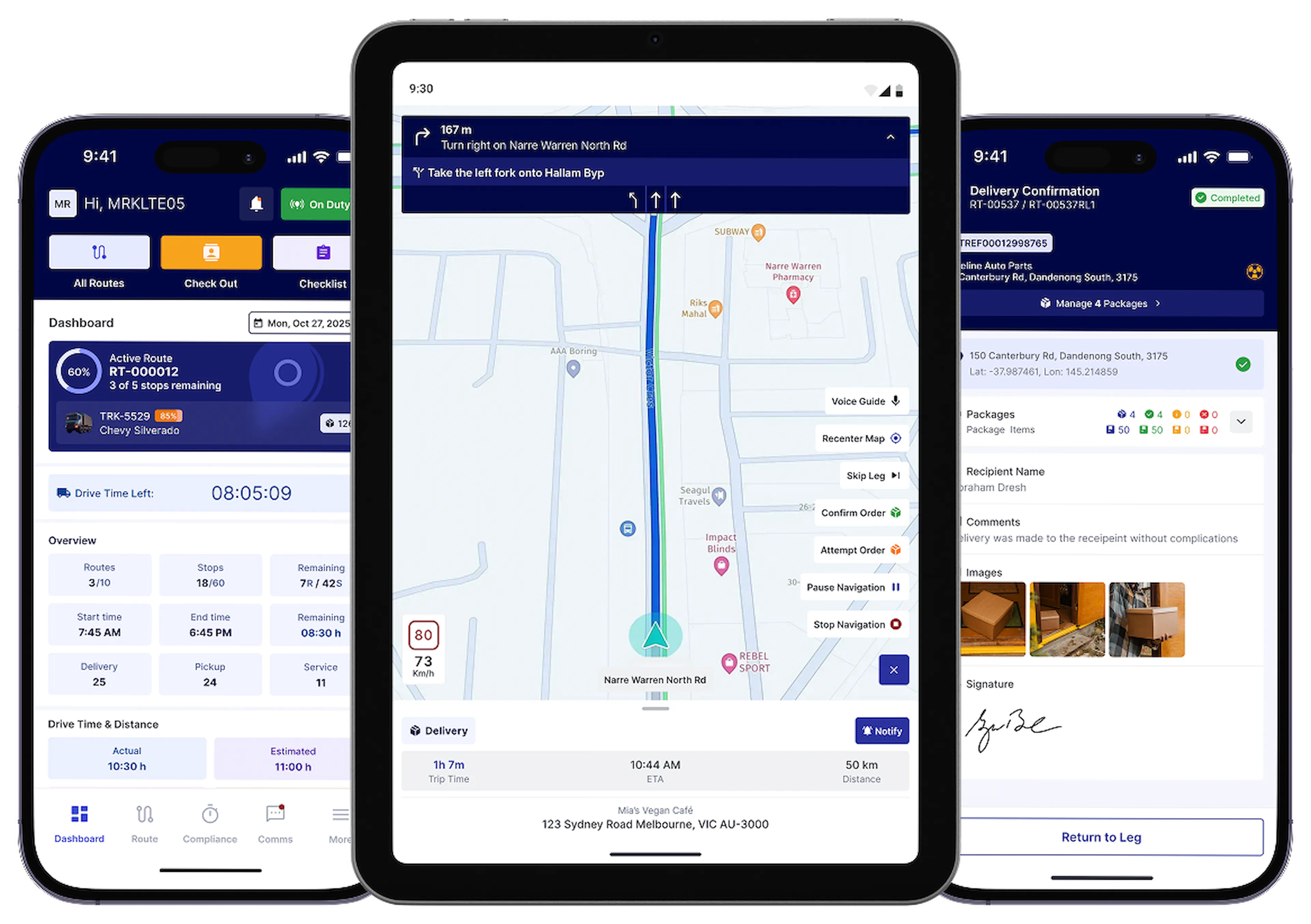 RouteCTRL Operator App showing route list, live navigation, and delivery confirmation.