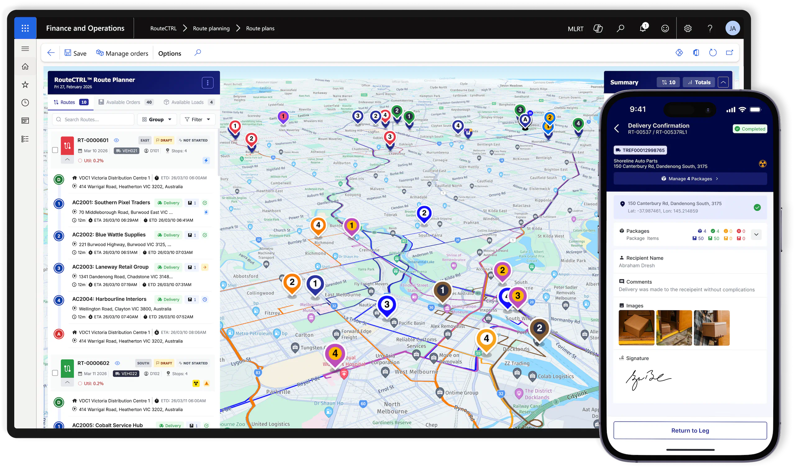 RouteCTRL planner in Dynamics 365 and mobile ePOD interface.