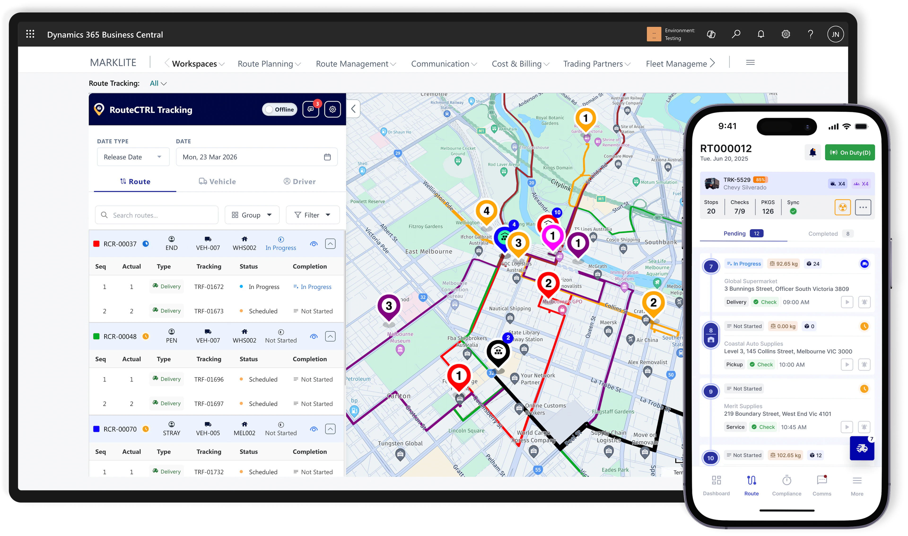 Real-time RouteCTRL tracking for delivery routes in Dynamics 365 Business Central with live driver progress and delivery status shown on map and mobile driver app.