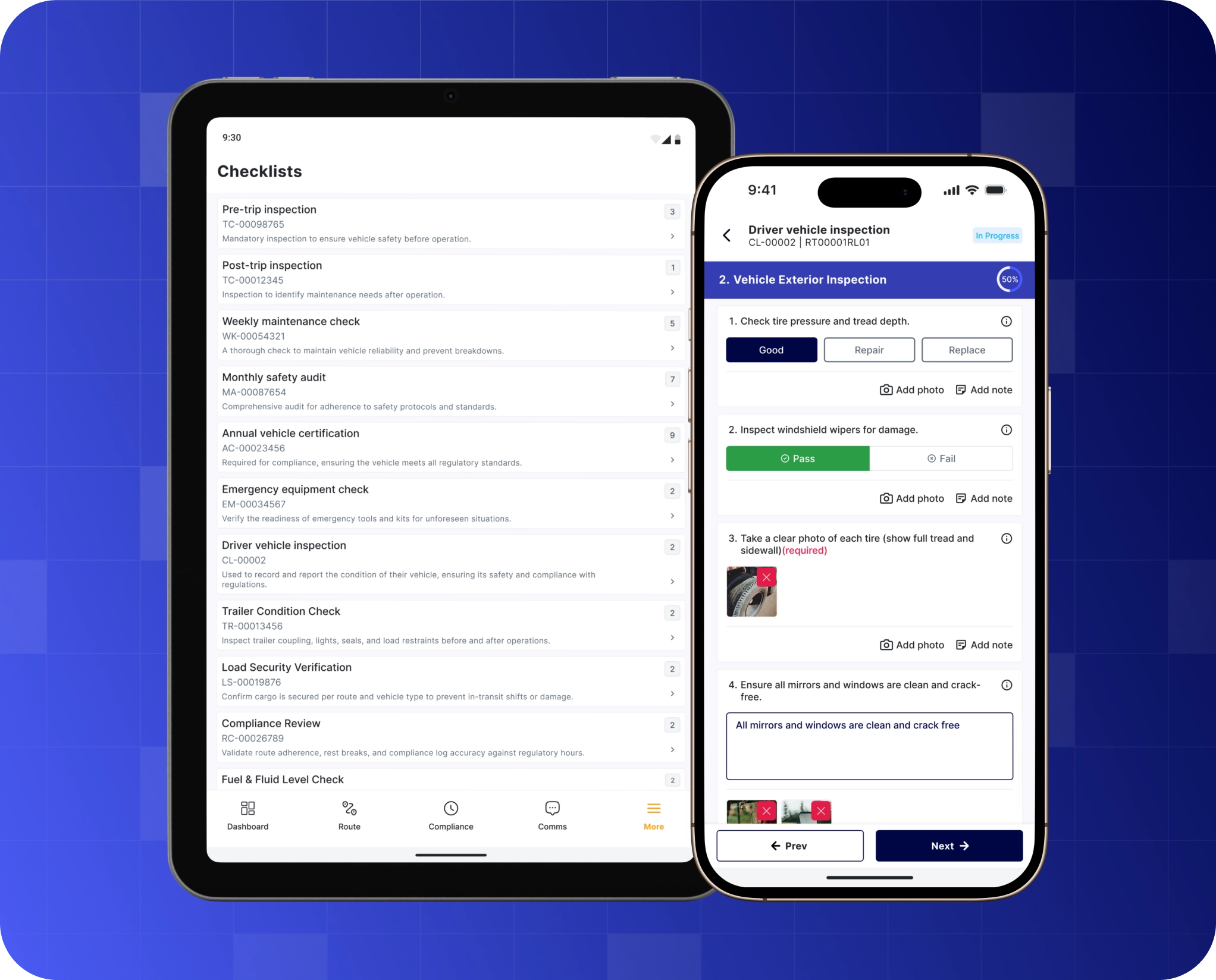 Safety and inspection checklists interface in the RouteCTRL Operator App showing pre-trip vehicle checks and driver inspection responses.