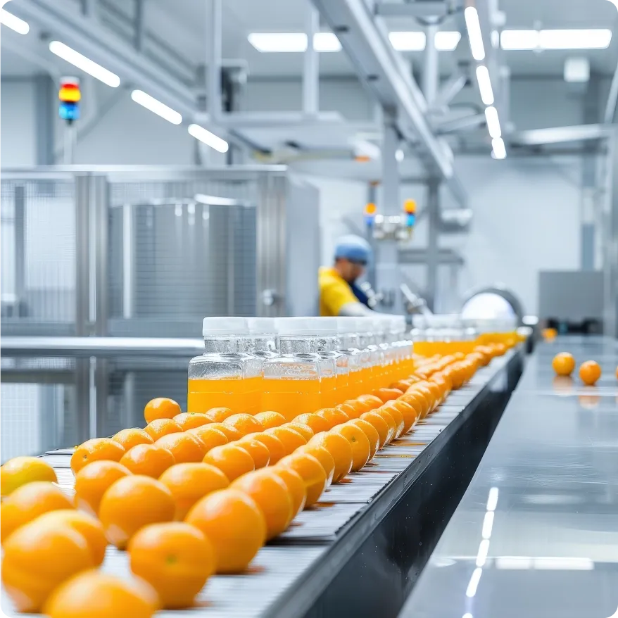 Oranges and juice bottles on a production line