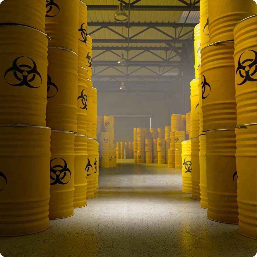 Storage barrels marked with biohazard symbols in a warehouse