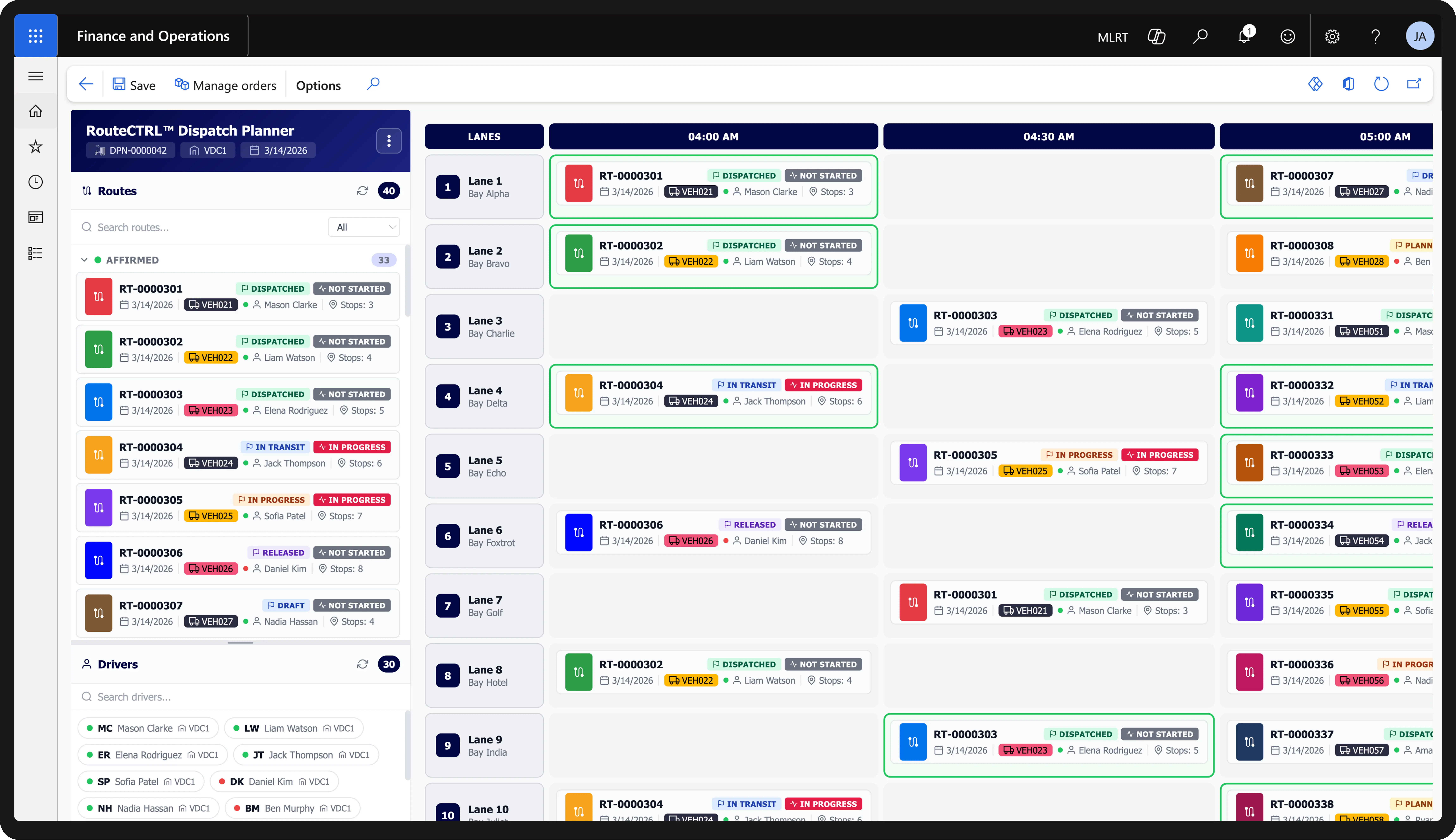 Dispatch planner interface in RouteCTRL showing time slot allocation for delivery routes, drivers, and vehicles.