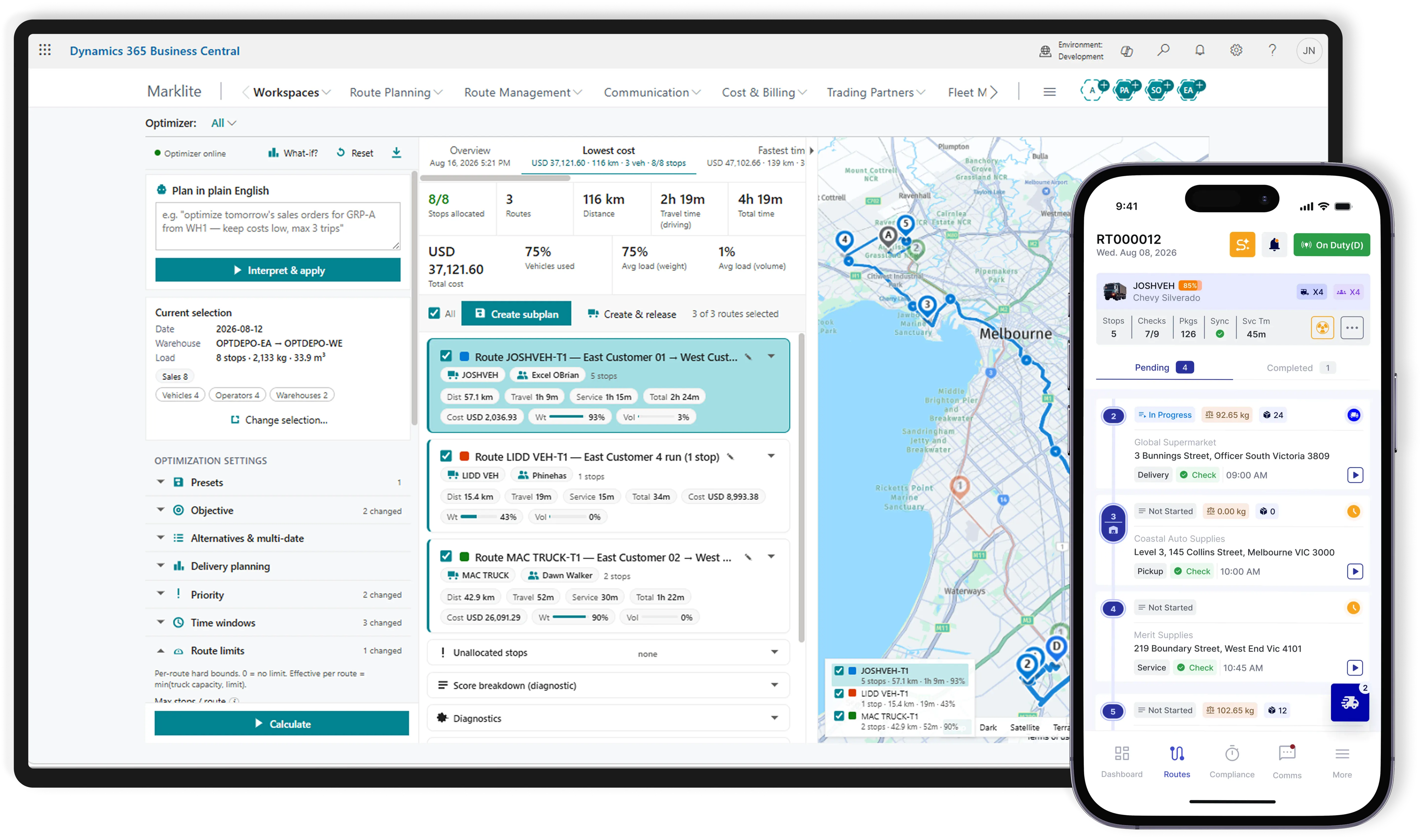 RouteCTRL route optimizer in Microsoft Dynamics 365 Business Central showing route planning, cost optimization, vehicle allocation, map routes and the driver mobile app.