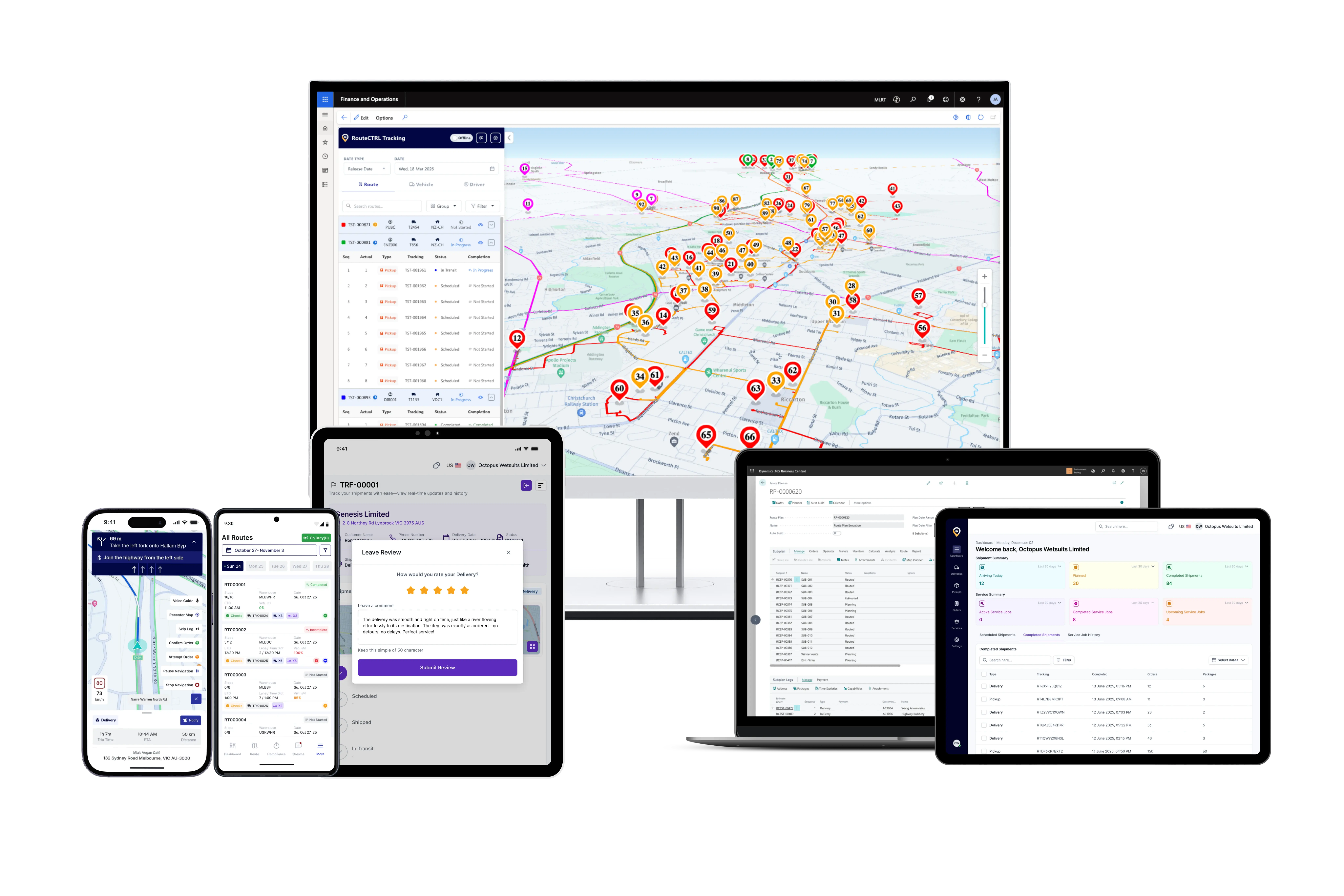 RouteCTRL interface showing route planning and management
