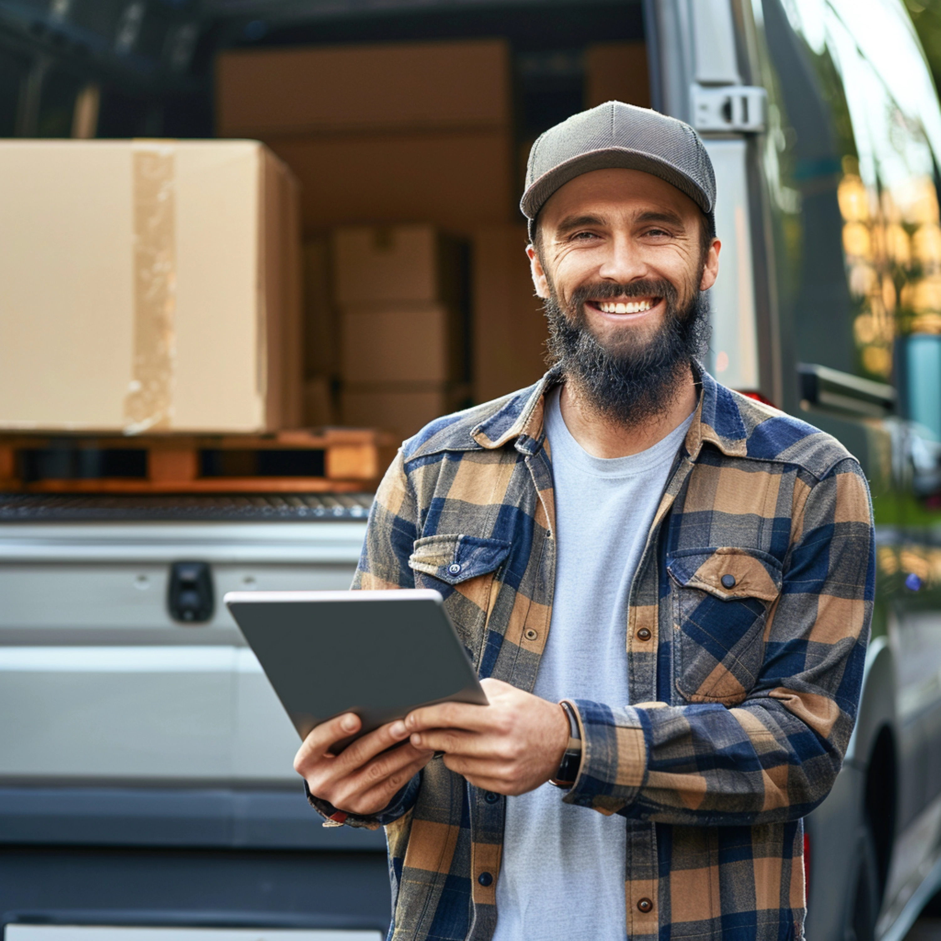 A delivery operator smiling while holding a tablet in front of a vehicle filled with packages, representing real-time checklist tracking with RouteCTRL™.