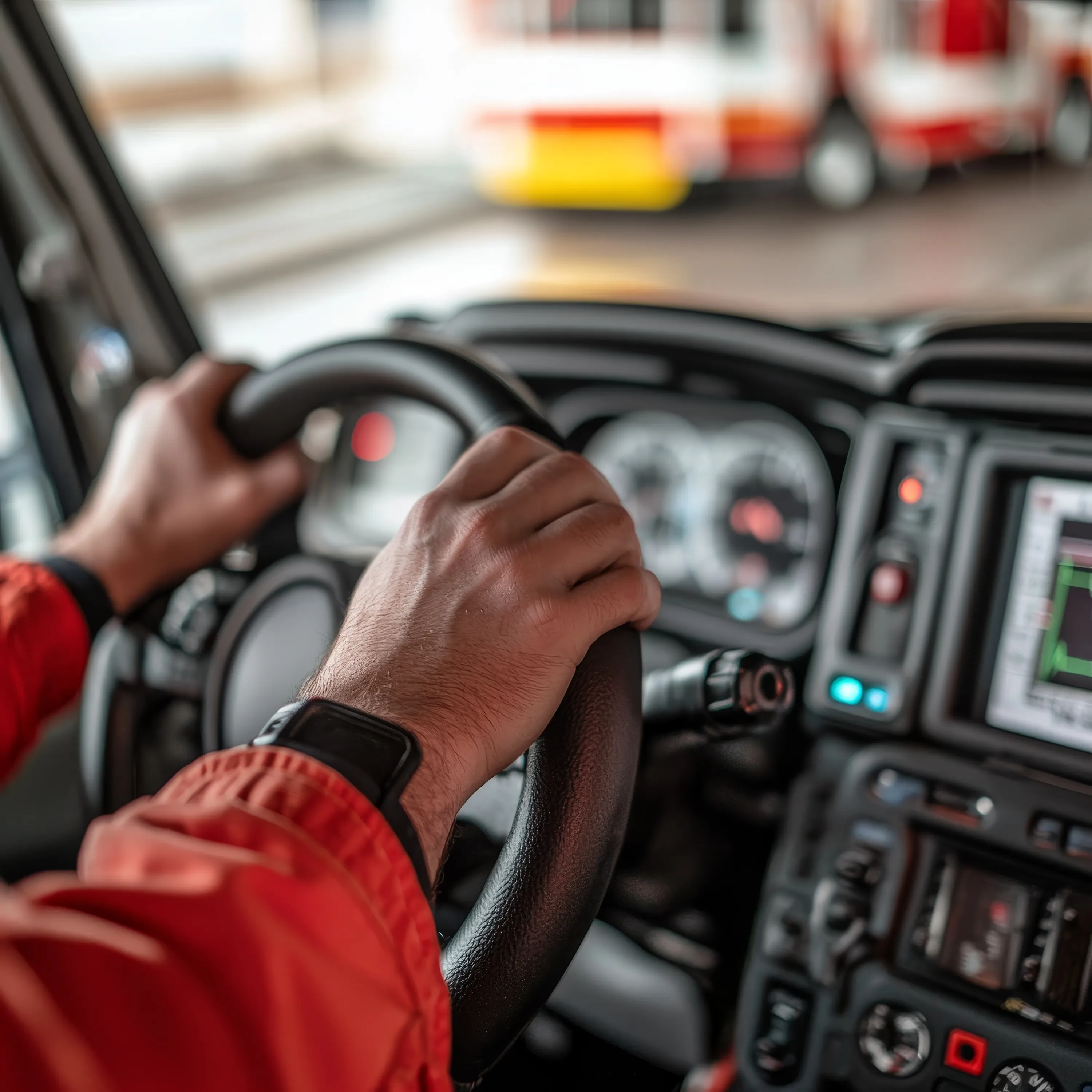 person-orange-jacket-drives-vehicle-gripping-steering-wheel-with-focused-look-dashboard-