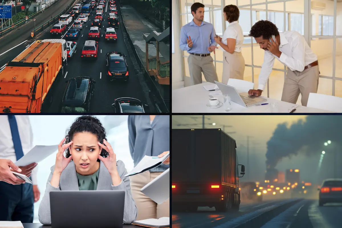 Traffic congestion, transport delays, and office coordination pressure affecting logistics operations.