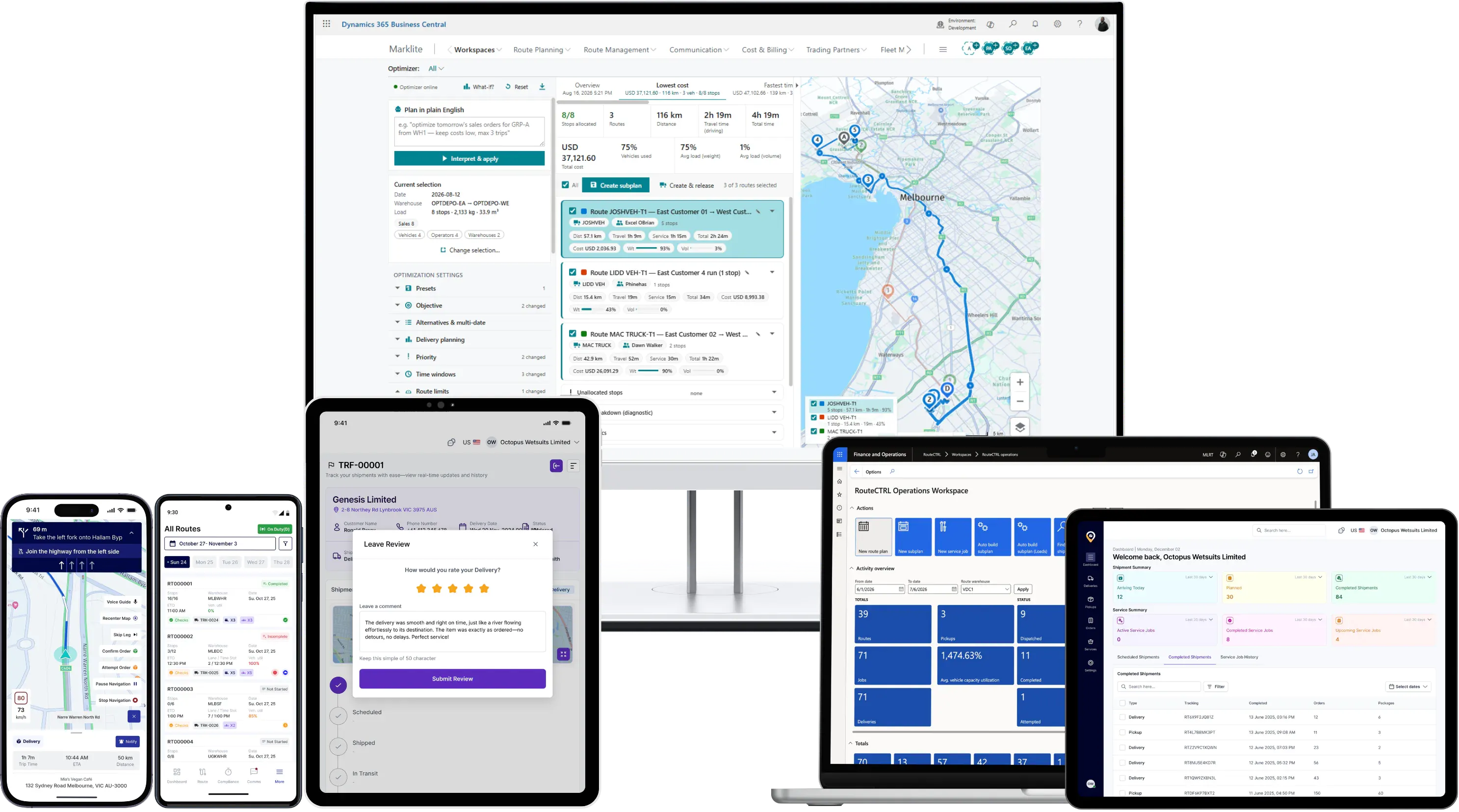 RouteCTRL interface showing route planning and management