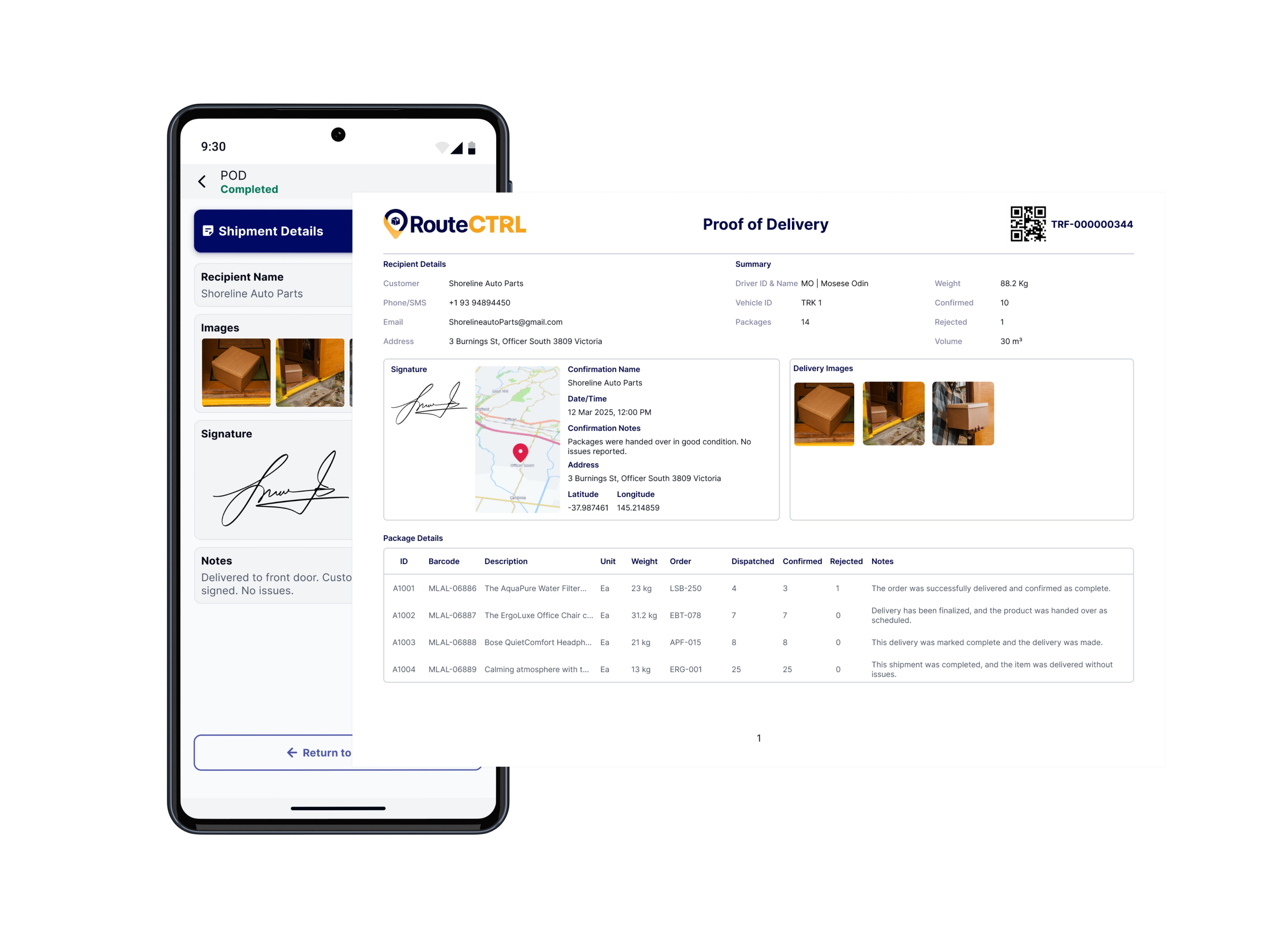 RouteCTRL Proof of Delivery interface showing mobile app and ERP dashboard with recipient details, digital signatures, delivery images, and package confirmation data