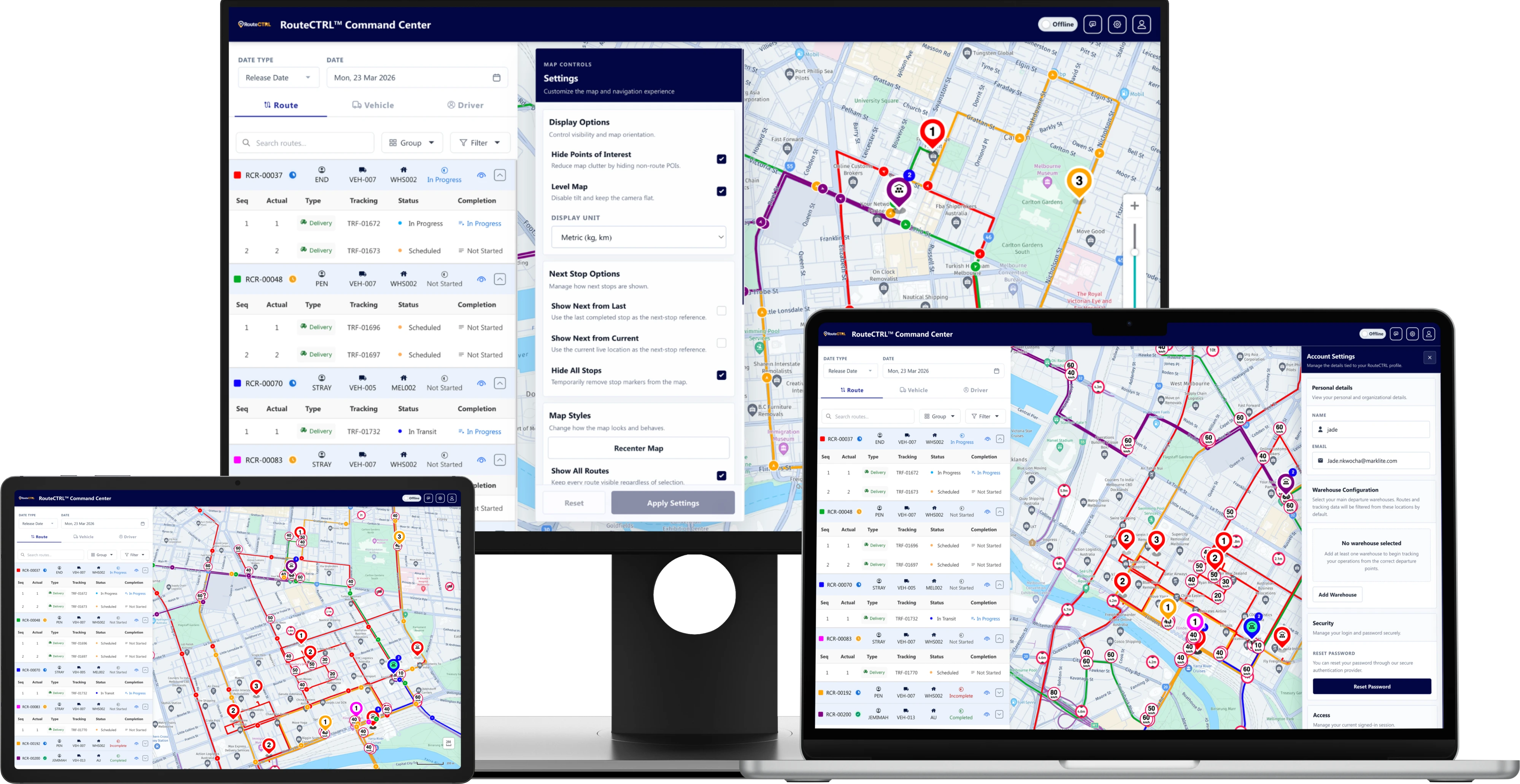 Multi-device route tracking maps with live markers.