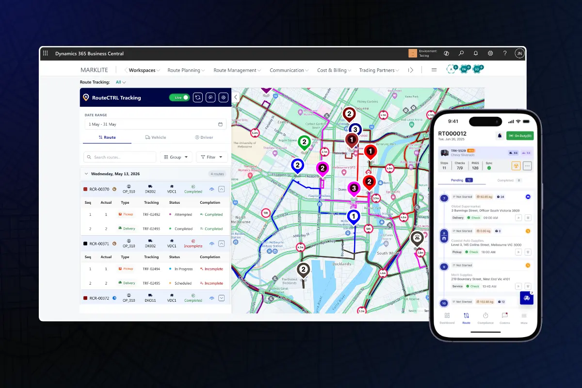 RouteCTRL route tracking map in Microsoft Dynamics 365 Business Central with Operator App route view.